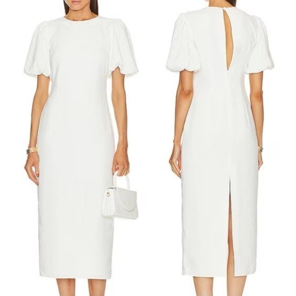 L'Academie White Puff-Sleeve Midi Dress